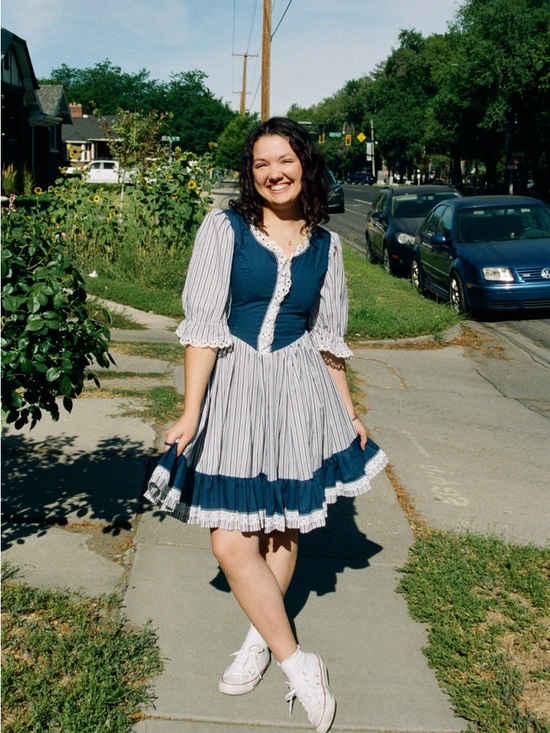 Vintage Dresses & Skirts - Vintage Blue & White Striped Puff Sleeve Mini Dress